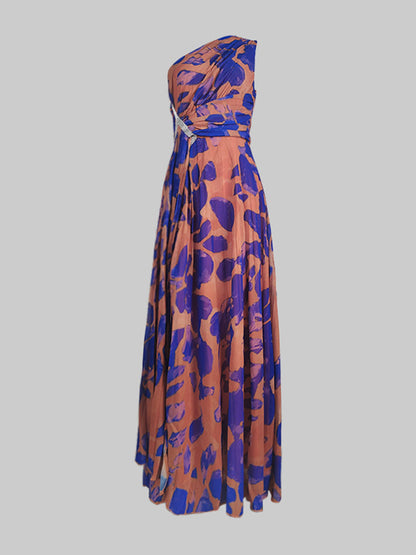 Sleeveless Leopard Pleated Split-Side One-Shoulder Evening Maxi Dresses
