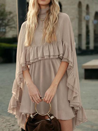 High Waisted Sleeveless Pleated Ruffled Solid Color Split-Joint Tied Mock Neck Mini Dresses Two Pieces Set