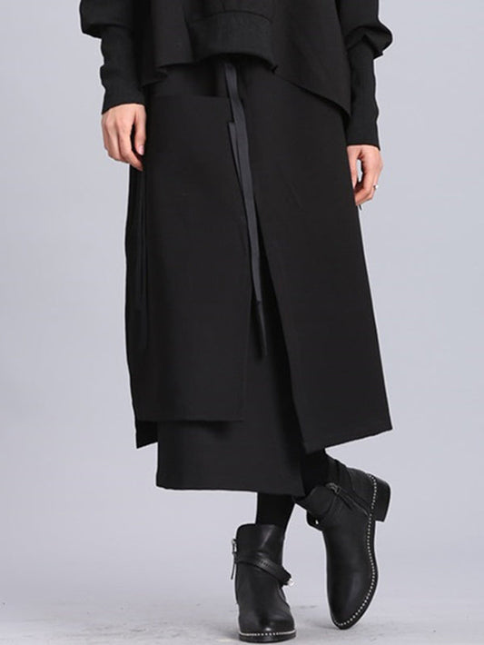 Raised Bands Split-Joint Asymmetric Black Empire Skirt