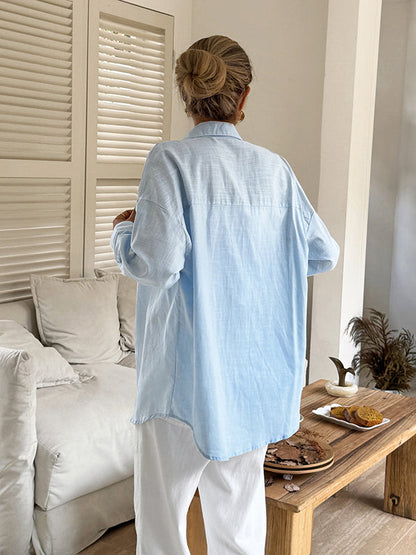 Long Sleeves Loose Buttoned Solid Color Lapel Blouses&Shirts Tops