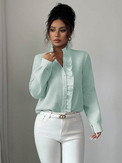 Long Sleeves Skinny Buttoned Ruffled Split-Joint Striped Stand Collar Blouses&Shirts Tops