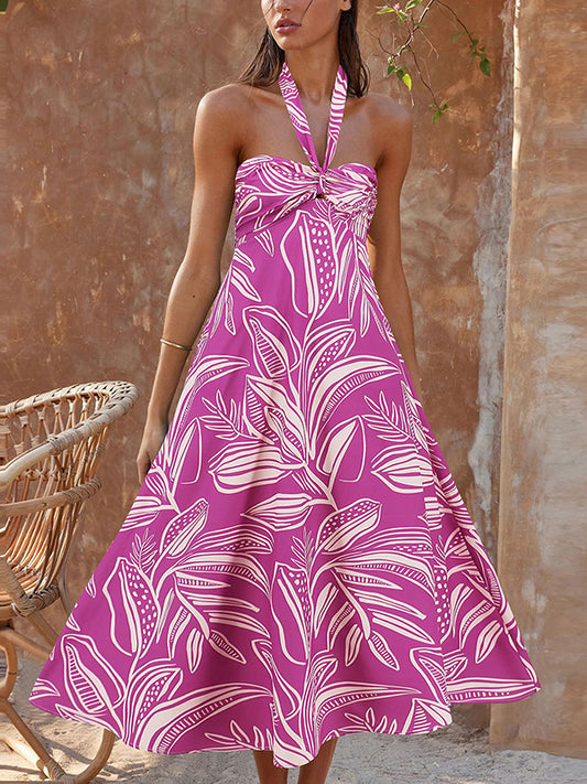 A-Line Loose Hollow Leaves Print Split-Joint Halter-Neck Midi Dresses