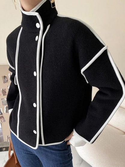 Long Sleeves Loose Buttoned Contrast Color Stand Collar Jackets Outerwear