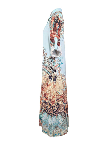 Long Sleeves Loose Buttoned Contrast Color Pockets Printed Lapel Maxi Dresses Shirt Dress