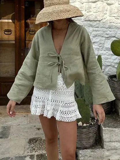 Lace-Up Solid Color V-Neck Blouses&Shirts Tops
