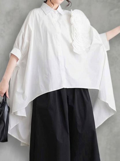 Half Sleeves High-Low Buttoned Pleated Solid Color Three-Dimensional Flower Lapel Blouses&Shirts Tops