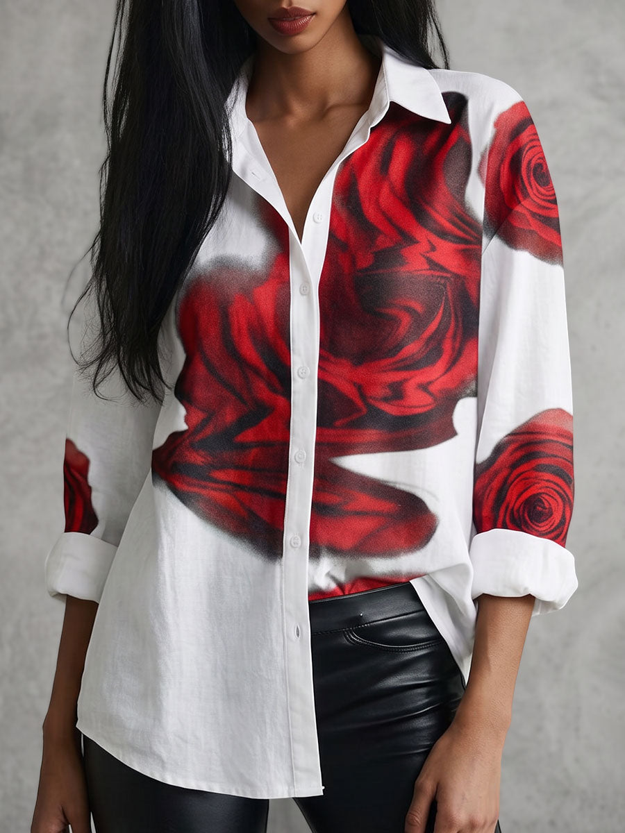 Flower Print Contrast Color Buttoned Loose Long Sleeves Lapel Blouses&shirts Tops