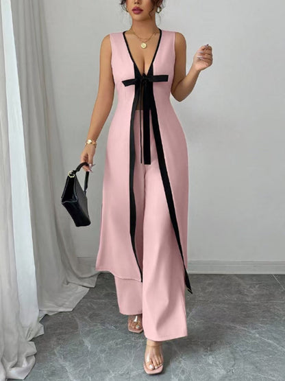 Sleeveless Deep V-Neck Tied Contrast Color Blouses&shirts Tops + Wide Leg Trousers Pants Two Pieces Set