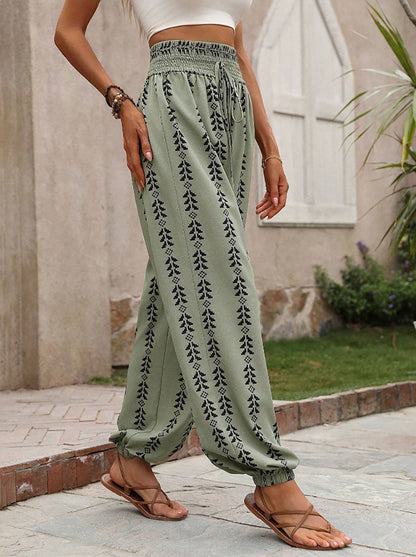 High Waisted Drawstring Pockets Printed Tied Pants Trousers