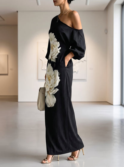 Pockets Flower Print Asymmetric Three-quarter Sleeves Loose One-shoulder Maxi Dresses