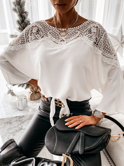 Long Sleeves Loose Solid Color Split-Joint Round-Neck Blouses&Shirts Tops