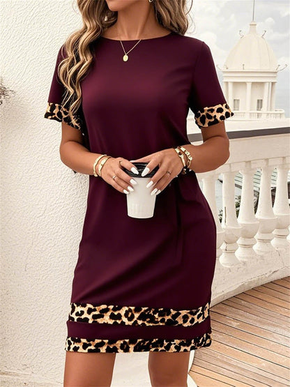 Bodycon Loose Contrast Color Leopard Split-Joint Round-Neck Mini Dresses