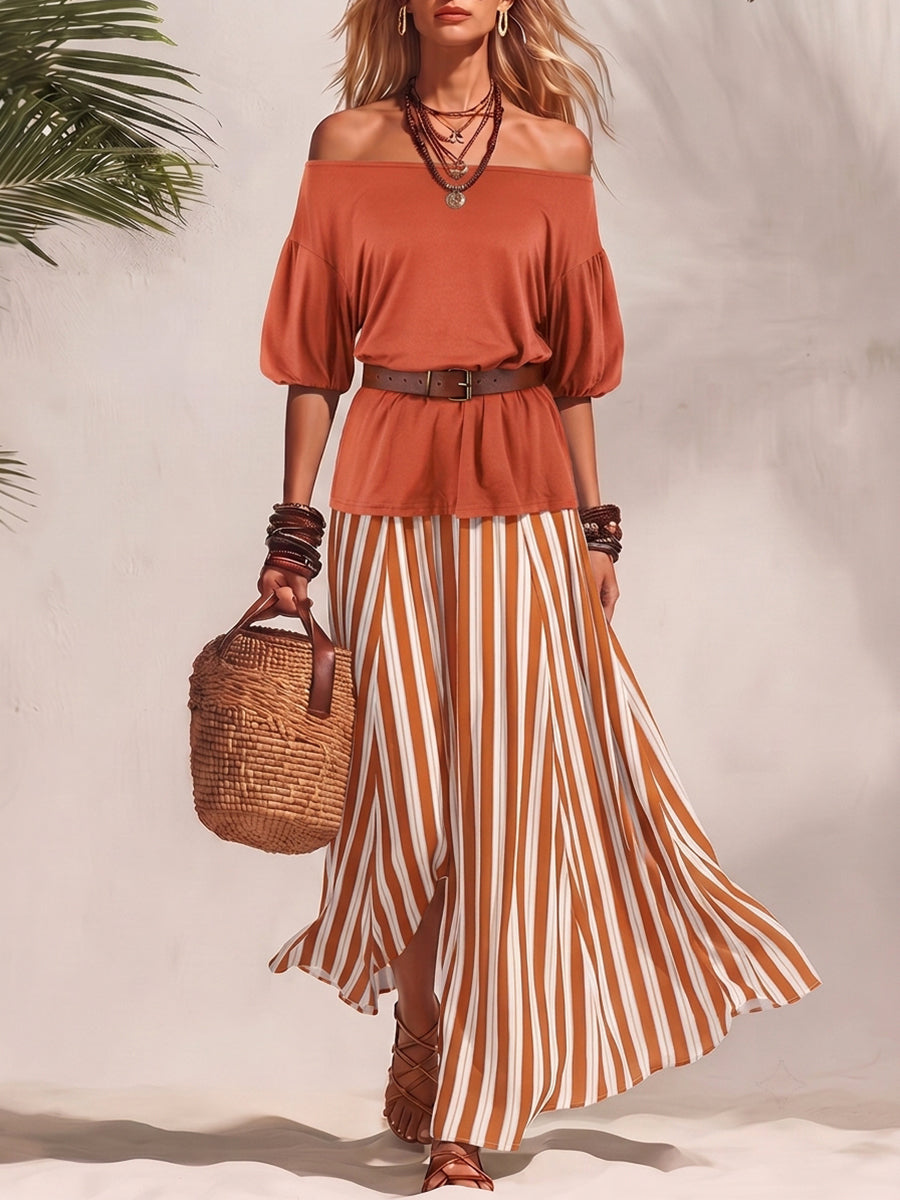 Half Sleeves Solid Color Off-The-Shoulder T-Shirts Tops + Belted Contrast Color A-Line Striped Skirts Bottoms Two Pieces Set