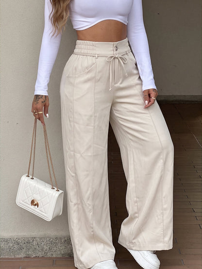 Solid Color Pockets Elasticity Wide Leg Loose Trousers Pants