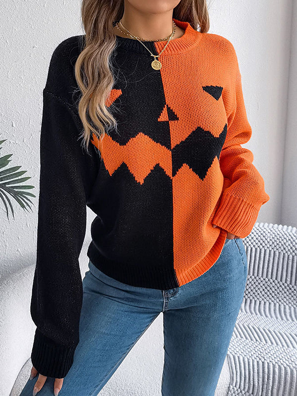 Long Sleeves Loose Contrast Color Split-Joint Round-Neck Pullovers Sweater Tops