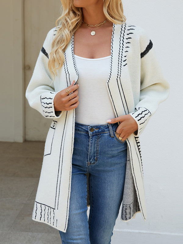 Long Sleeves Loose Jacquard Split-Joint V-Neck Cardigan Tops