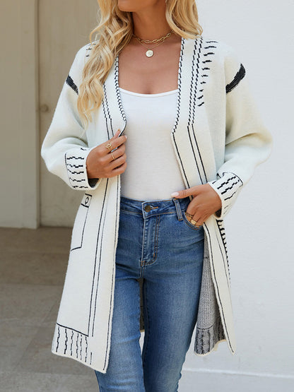 Long Sleeves Loose Jacquard Split-Joint V-Neck Cardigan Tops