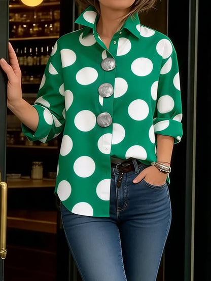 Long Sleeves Loose Buttoned Contrast Color Polka-Dot Lapel Blouses&Shirts Tops