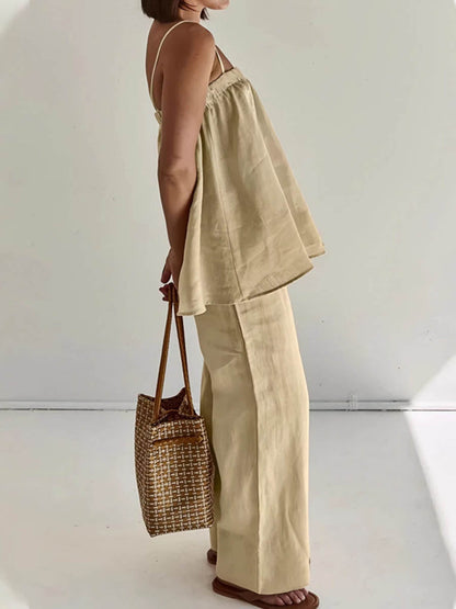 High Waisted Loose Elasticity Solid Color Spaghetti-Neck Vest Top +Pants Bottom Suits