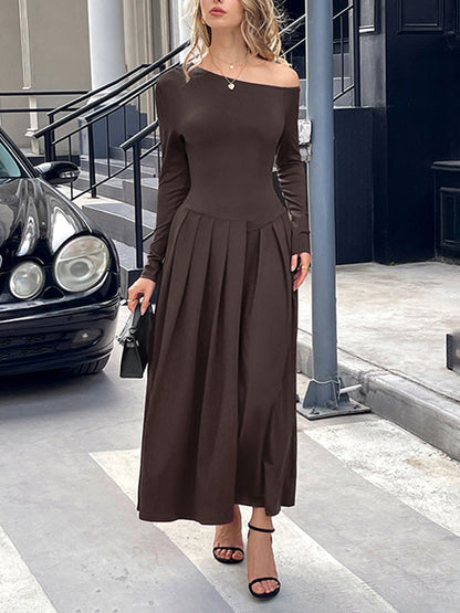 High Waisted Long Sleeves Pleated Solid Color Split-Front One-Shoulder Maxi Dresses