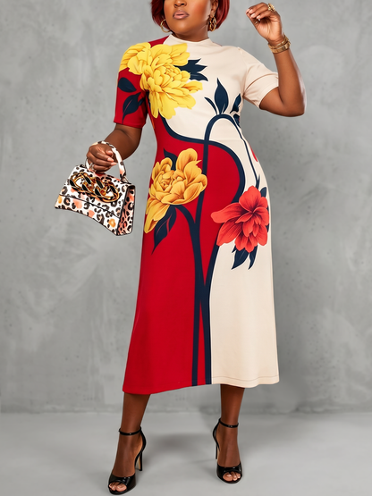 Loose Short Sleeves Flower Print Zipper Mock Neck Midi Dresses