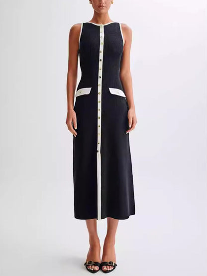 Solid Color Buttoned Sleeveless Bodycon Round-neck Midi Dresses
