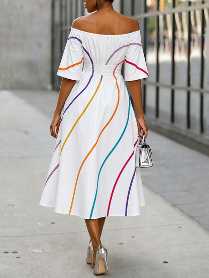 Half Sleeves High Waisted Elasticity Printed Off-The-Shoulder Midi Dresses