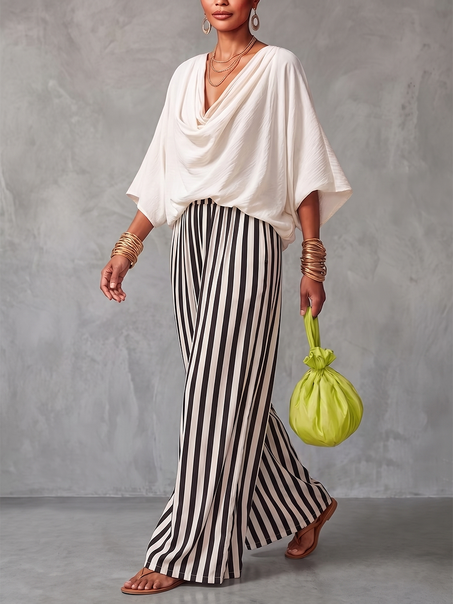Striped Pockets Contrast Color Wide Leg Loose Trousers Pants