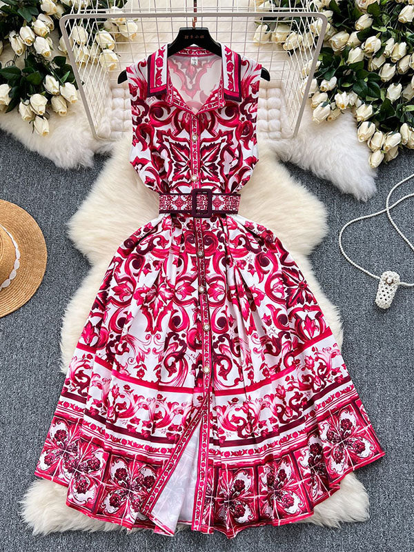 Sleeveless Belt Buckle Buttoned Contrast Color Floral Printed Midi Dresses