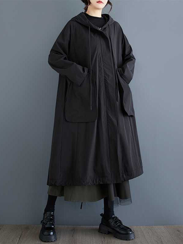Hooded Long Sleeves Drawstring Pockets Solid Color Split-Joint Zipper Outerwear Trench Coats