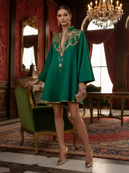 A-Line Long Sleeves Contrast Color Printed Split-Joint Stand Collar Mini Dresses