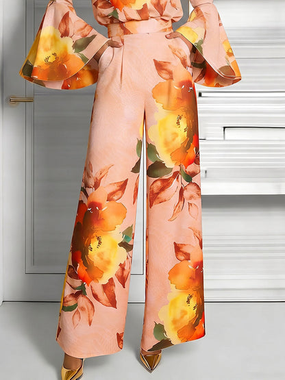 Pockets Flower Print Elasticity Contrast Color Wide Leg High Waisted Trousers Pants