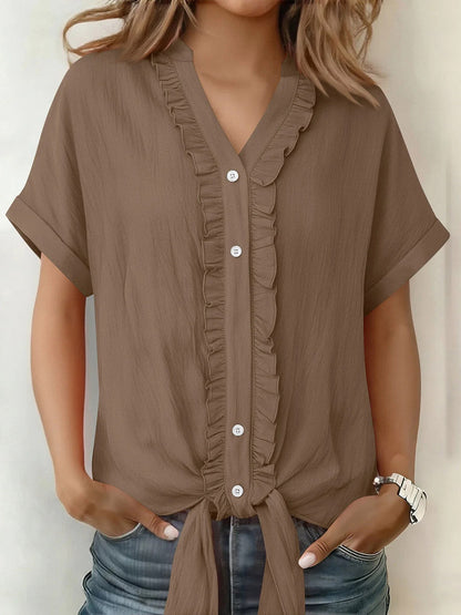 Loose Short Sleeves Buttoned Knot Ruffle Trim Solid Color V-Neck Blouses&Shirts Tops