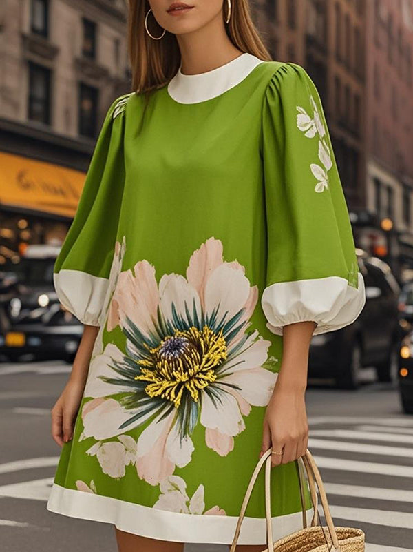 A-Line Loose Flower Print Pleated Round-Neck Mini Dresses