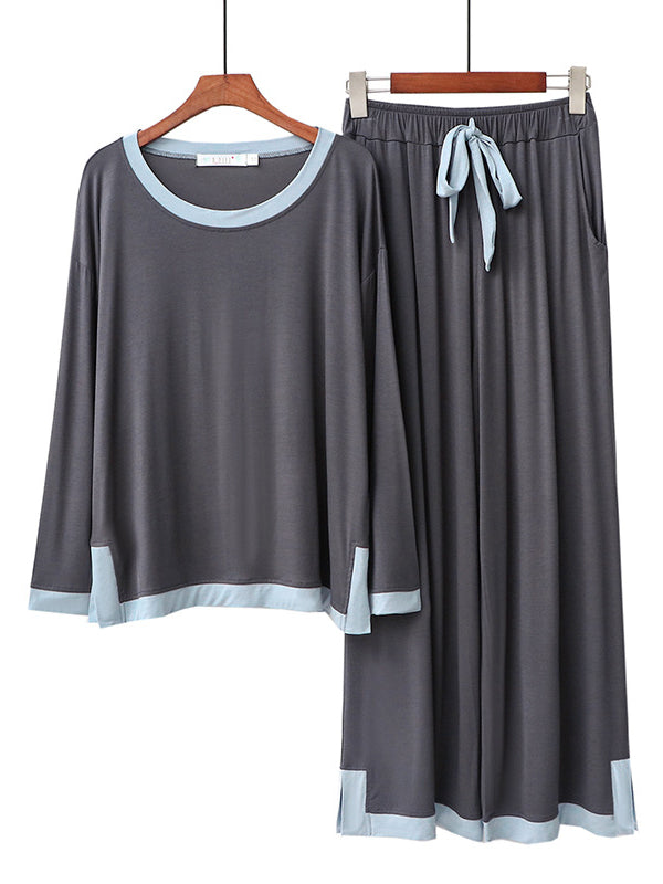 Long Sleeves Loose Contrast Color Round-Neck Two Pieces Pajama Set