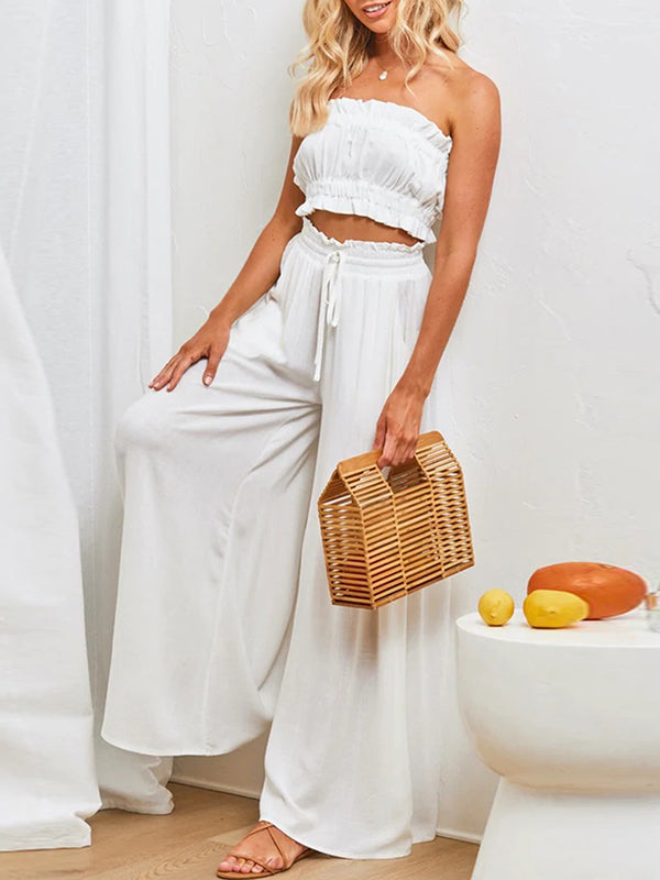 High Waisted Loose Drawstring Elasticity Pleated Pockets Solid Color Pants Trousers