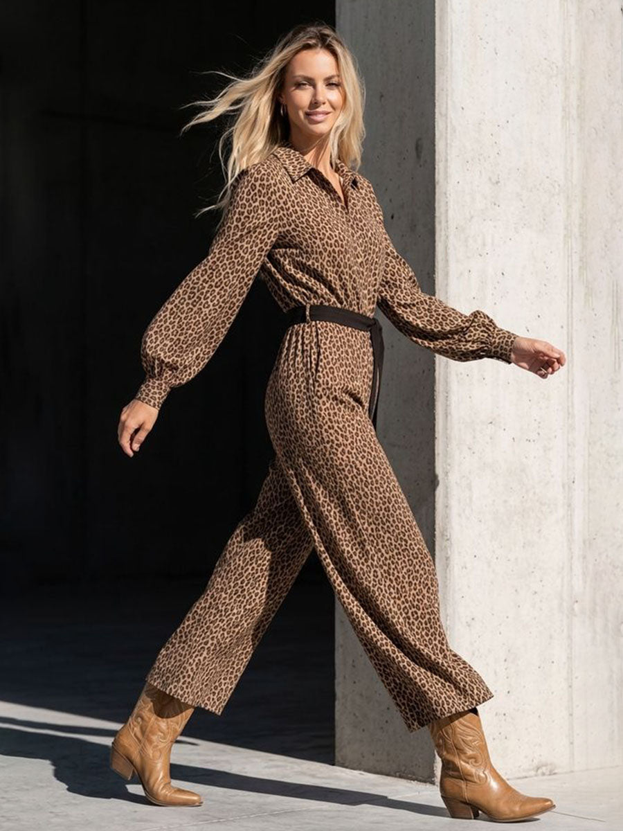 Tied Waist Pockets Leopard Buttoned Wide Leg Loose Lapel Jumpsuits
