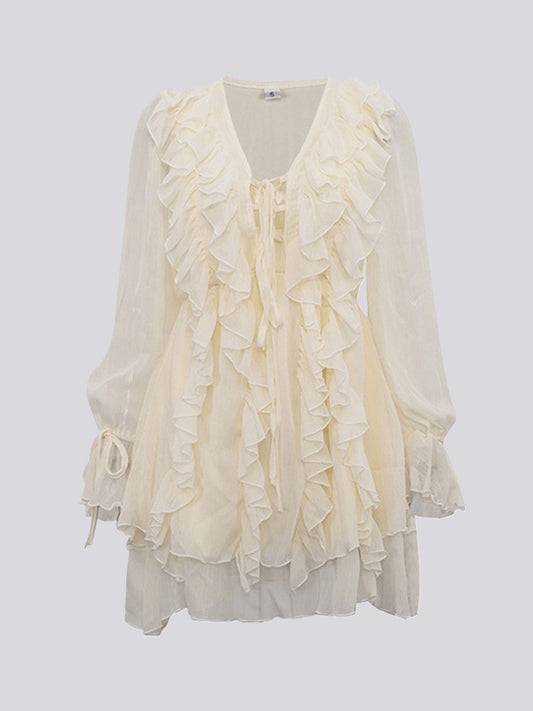 A-Line High Waisted Ruffle Trim Solid Color Tied V-Neck Mini Dresses