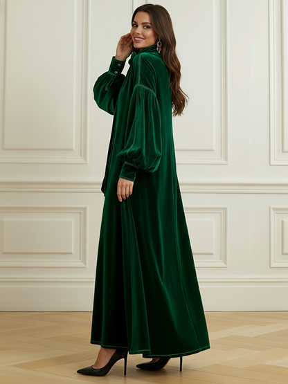 A-Line Long Sleeves Bow-Embellished Pleated Solid Color Split-Joint High Neck Maxi Dresses