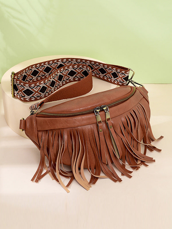 Geometric Tasseled Zipper Crossbody Bags