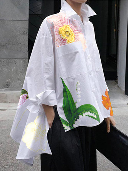 High-Low Loose Asymmetric Floral Printed Split-Joint Split-Side Lapel Blouses