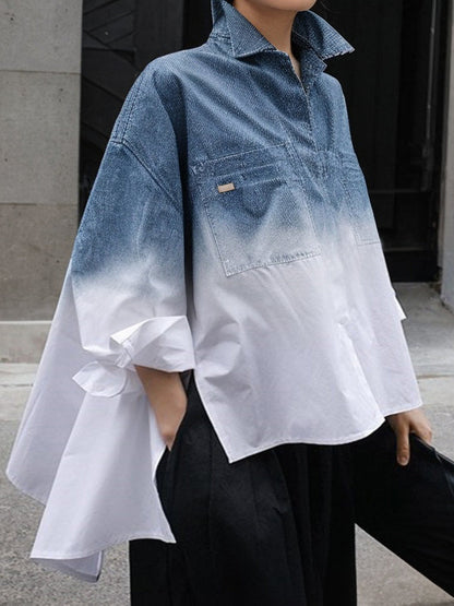 High-Low Loose Gradient Printed Split-Joint Split-Side Lapel Blouses&Shirts Tops