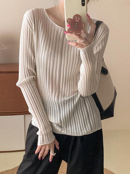 Long Sleeves Loose Solid Color Round-Neck Knitwear Sweater Tops
