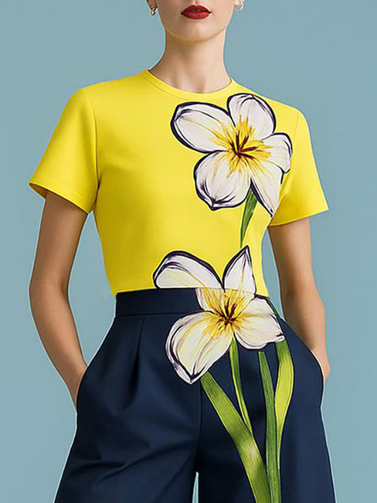 Short Sleeves Flower Print Round-Neck T-Shirts Tops