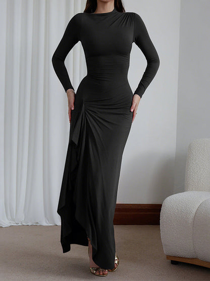 Bodycon High Waisted Asymmetric Pleated Ruffled Solid Color Split-Joint Round-Neck Maxi Dresses