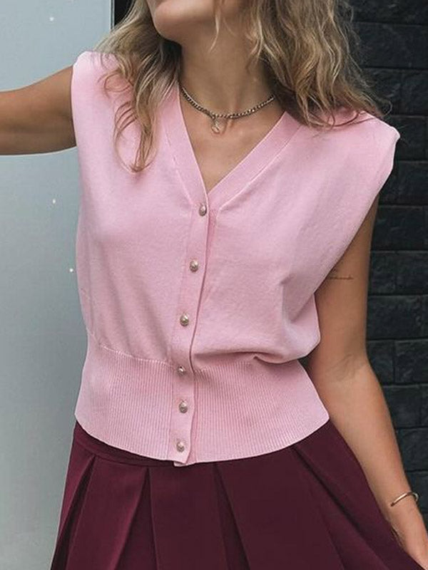 Loose Sleeveless Buttoned Solid Color V-Neck Vest Top