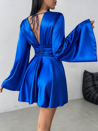 Bodycon Elasticated Waist Solid Color Deep V-Neck Mini Dresses