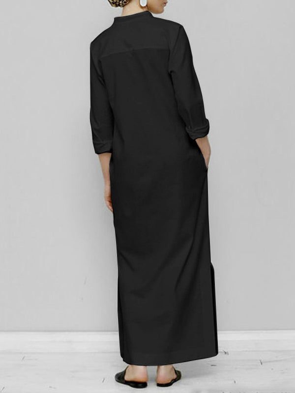 Long Sleeves Loose Solid Color Split-Joint V-Neck Maxi Dresses