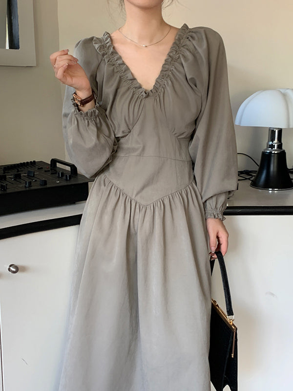 Bishop Sleeve Long Sleeves Elasticity Pleated Ruffled Solid Color Split-Joint Deep V-Neck Midi Dresses