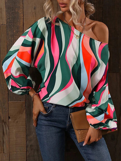 Long Sleeves Loose Asymmetric Printed One-Shoulder Blouses&Shirts Tops
